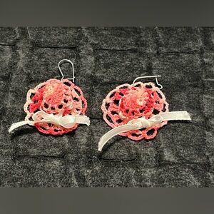 Vintage Handcrafted Pink Crochet Flower Earrings with White Bow